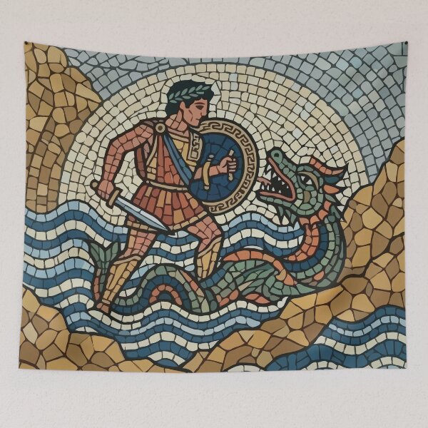 Item preview, Ancient Roman Mosaic Warrior Fighting Sea Dragon designed and sold by Catzura.