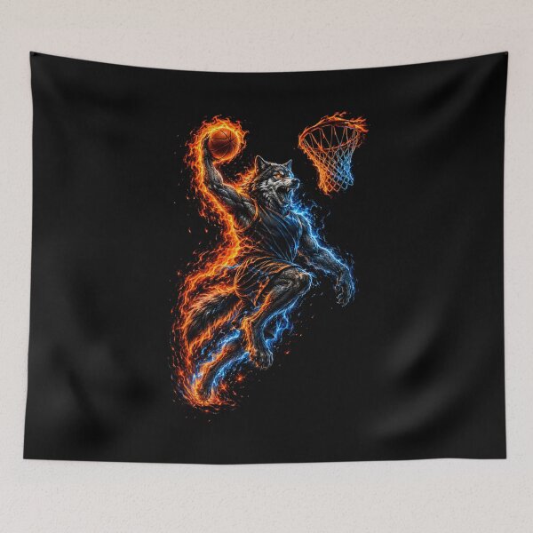 Item preview, Fire and Ice Wolf Slam Dunk — Mythical Basketball Wolf Art Print designed and sold by AbderraimArt.