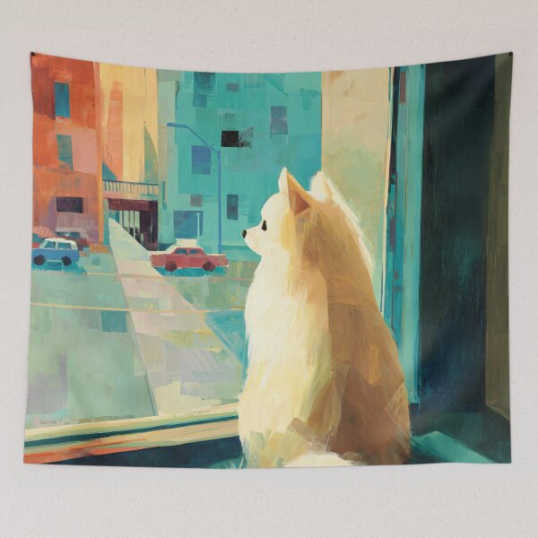 Item preview, Pomeranian Watching the City, Window View designed and sold by ThingsCatsDo.