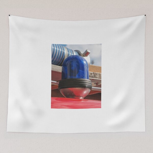 Item preview, Blue Emergency Beacon Light on Red Emergency Vehicle Close Up With Metal Hose and Reflection designed and sold by Nmallia.