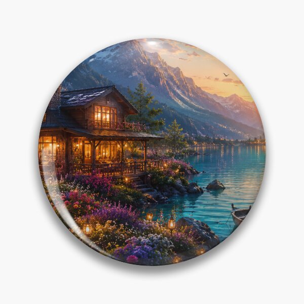 Item preview, Enchanted Lakeside Cabin at Sunset designed and sold by DaryaArtFrance.