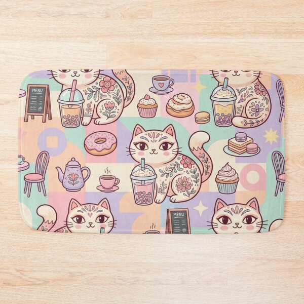 Item preview, Cute Cat Cafe Pattern | Kawaii Folk Art Cats & Sweet Treats designed and sold by Iampoji.