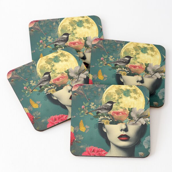 Item preview, Illustration of a woman portrait with fashion flowers, birds, flora and fauna, moon on the head. Vivid colors. A vintage night in the background. designed and sold by Soft Oddity.