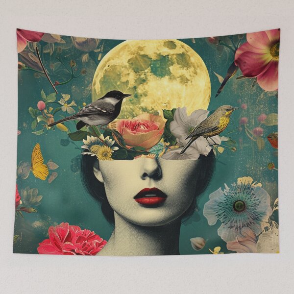 Item preview, Illustration of a woman portrait with fashion flowers, birds, flora and fauna, moon on the head. Vivid colors. A vintage night in the background. designed and sold by Soft Oddity.