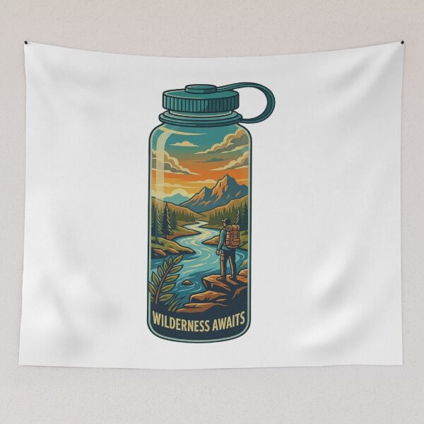 Item preview, Wilderness Awaits Vintage Water Bottle Sticker Hiker and Mountain Landscape Illustration designed and sold by Gabe1983.