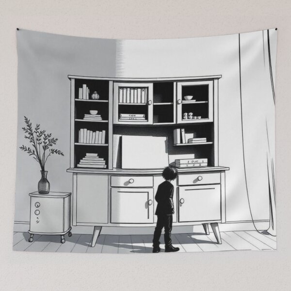Item preview, Boy with his back to the camera in a room | Black and white illustration designed and sold by RAISC.