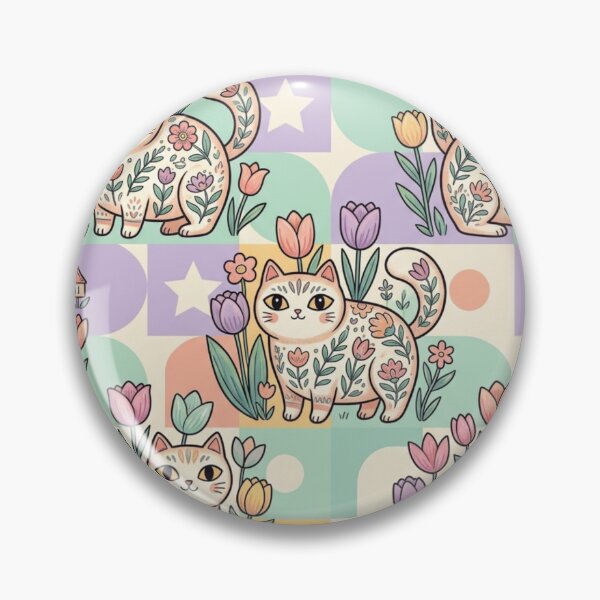 Item preview, Cute Cat Tulip Garden Pattern | Cottagecore Folk Art Cats designed and sold by Iampoji.