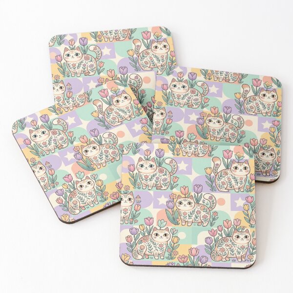 Item preview, Cute Cat Tulip Garden Pattern | Cottagecore Folk Art Cats designed and sold by Iampoji.