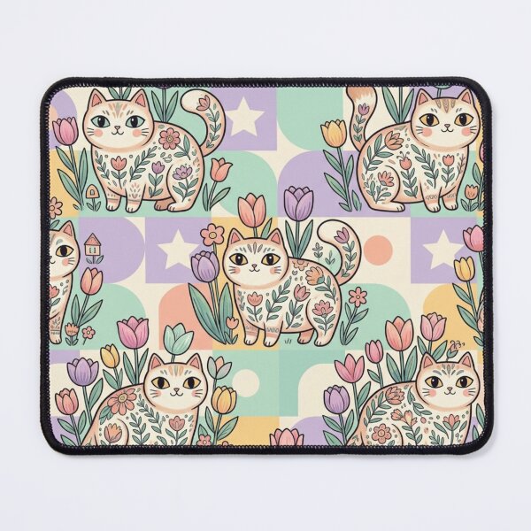 Item preview, Cute Cat Tulip Garden Pattern | Cottagecore Folk Art Cats designed and sold by Iampoji.