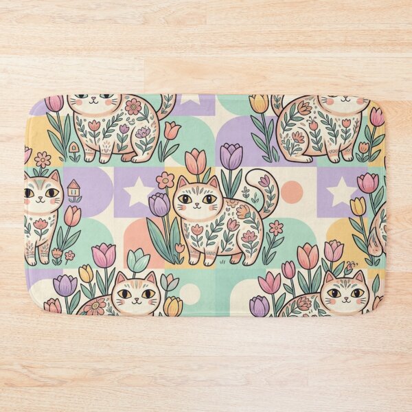Item preview, Cute Cat Tulip Garden Pattern | Cottagecore Folk Art Cats designed and sold by Iampoji.