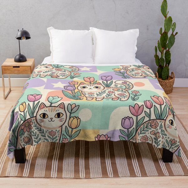 Item preview, Cute Cat Tulip Garden Pattern | Cottagecore Folk Art Cats designed and sold by Iampoji.
