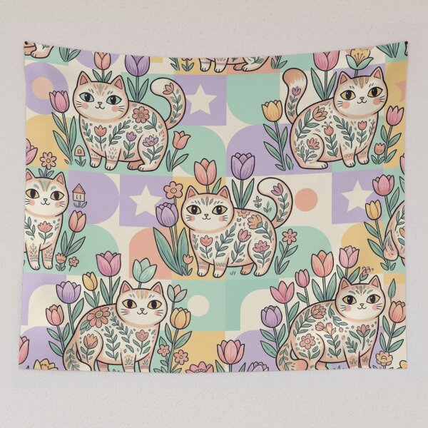 Item preview, Cute Cat Tulip Garden Pattern | Cottagecore Folk Art Cats designed and sold by Iampoji.