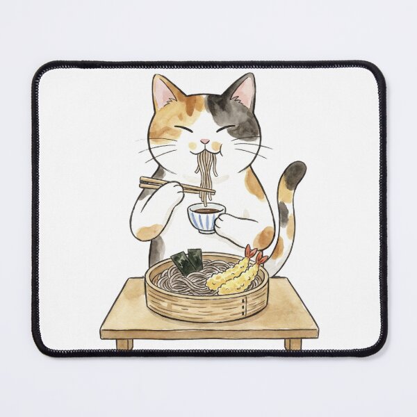 Item preview, Cute Calico Cat Eating Zaru Soba Noodles | Kawaii Japanese Watercolor Cat Illustration designed and sold by LOVEARTDESIGN.