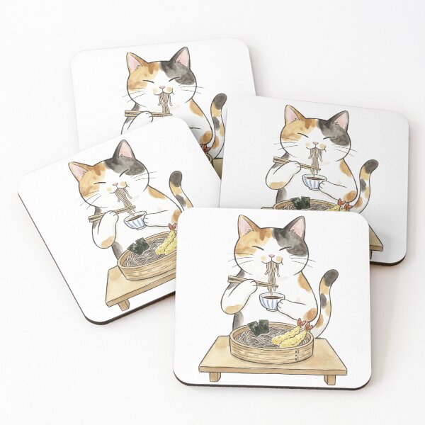 Item preview, Cute Calico Cat Eating Zaru Soba Noodles | Kawaii Japanese Watercolor Cat Illustration designed and sold by LOVEARTDESIGN.
