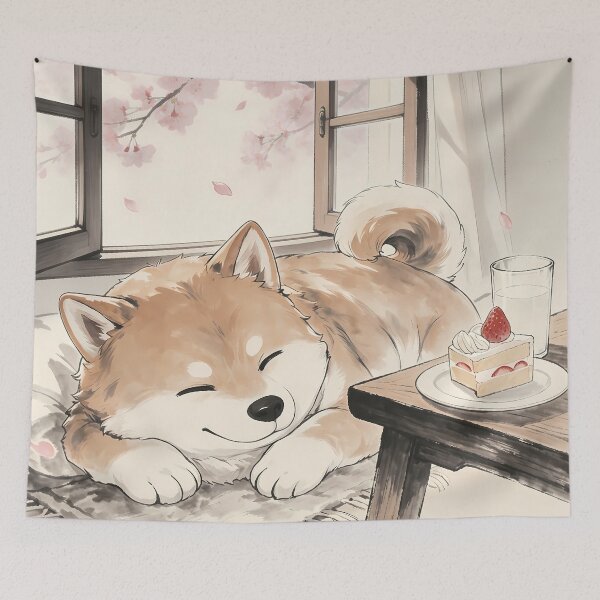 Item preview, Spring Nap: Sleeping Shiba Inu & Cherry Blossoms designed and sold by HezeOtakuArt.