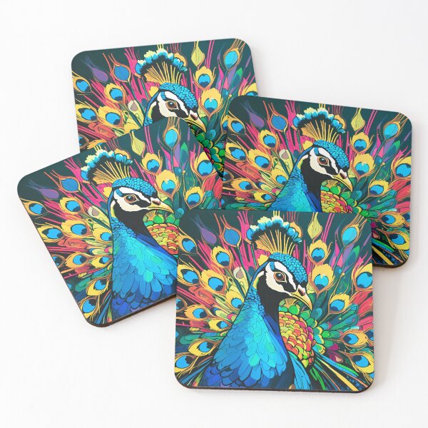 Item preview, Colorful Peacock – Neon Feather Display on Black Canvas designed and sold by black-canvas26.