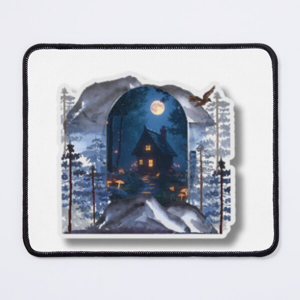 Item preview, Mystical Forest Cabin Sticker - Cozy Night & Full Moon Watercolor Art designed and sold by Rasha-flow.