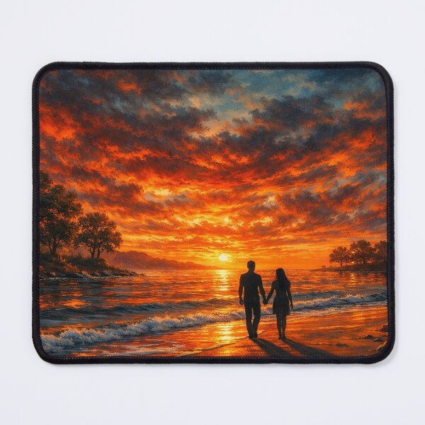 Item preview, Romantic Beach Sunset Painting Red Orange Couple Art Print designed and sold by Joey Santiago.