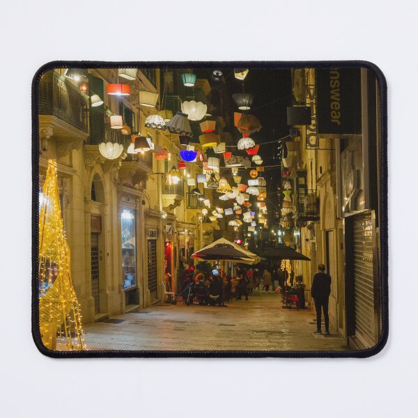 Item preview, Festive Night Street With Hanging Lamps, Christmas Lights and Outdoor Cafes in European City designed and sold by Nmallia.