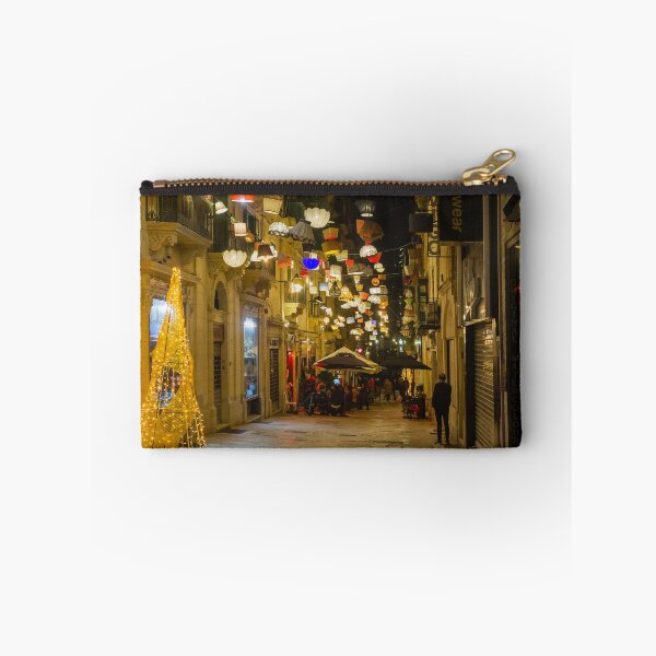 Item preview, Festive Night Street With Hanging Lamps, Christmas Lights and Outdoor Cafes in European City designed and sold by Nmallia.