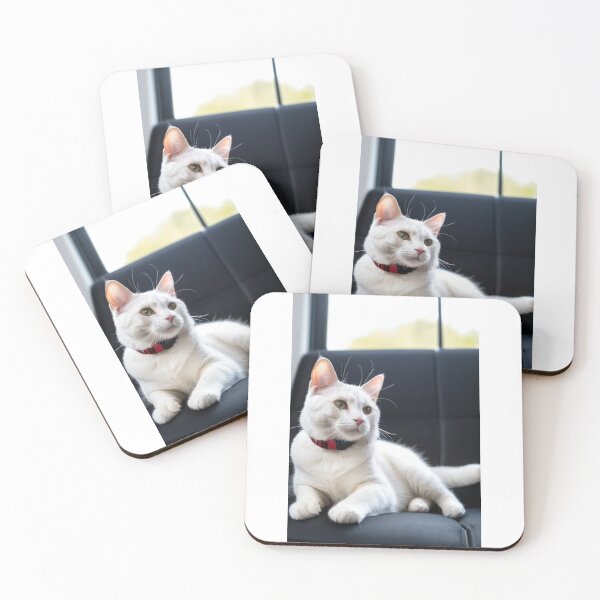 Item preview, Animals - White Cat with Amber Eyes, Feline Elegance on Black Sofa designed and sold by DoodyPets.