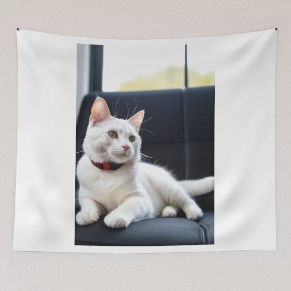 Item preview, Animals - White Cat with Amber Eyes, Feline Elegance on Black Sofa designed and sold by DoodyPets.