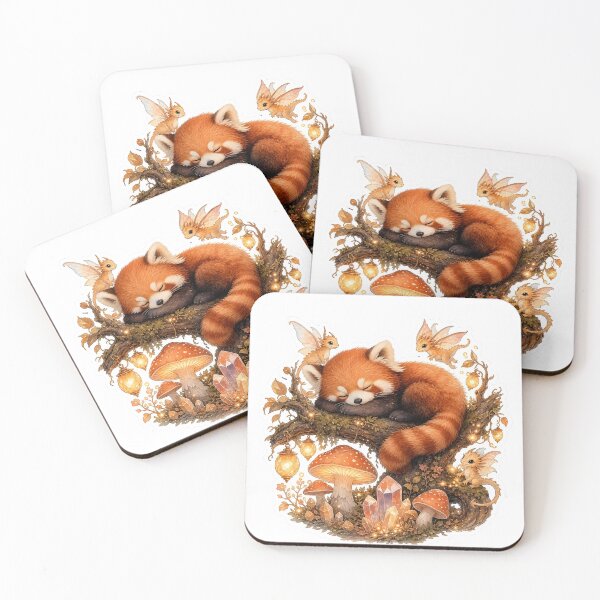Item preview, A cozy fantasy scene shows a small red panda with fluffy fur sleeping on a thick branch above a glowing enchanted forest designed and sold by CozyAnimalArt.