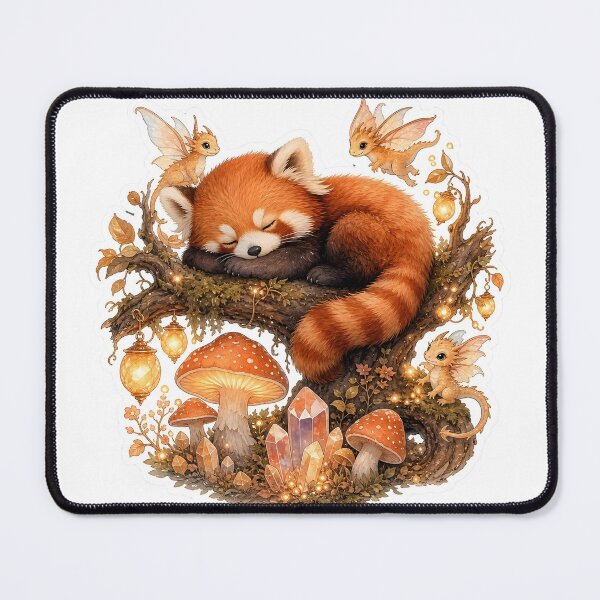 Item preview, A cozy fantasy scene shows a small red panda with fluffy fur sleeping on a thick branch above a glowing enchanted forest designed and sold by CozyAnimalArt.