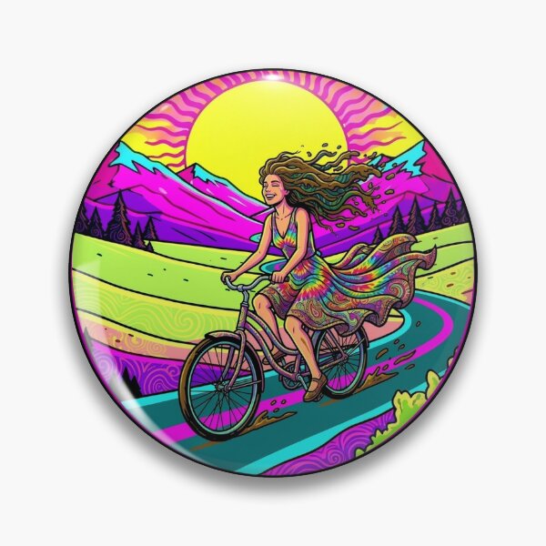 Item preview, Psychedelic Hippie Girl Riding Bicycle - Retro 70s Trippy Landscape designed and sold by Stefanrajzer.
