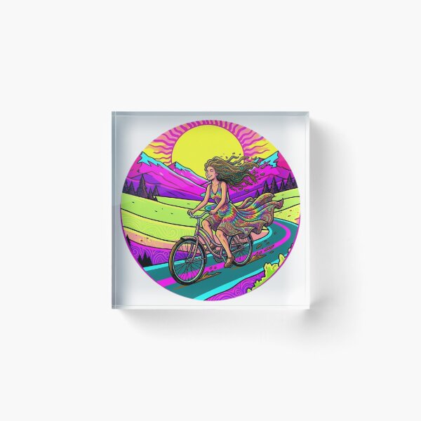 Item preview, Psychedelic Hippie Girl Riding Bicycle - Retro 70s Trippy Landscape designed and sold by Stefanrajzer.