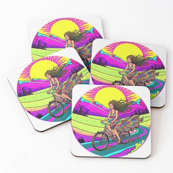 Item preview, Psychedelic Hippie Girl Riding Bicycle - Retro 70s Trippy Landscape designed and sold by Stefanrajzer.