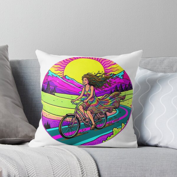 Item preview, Psychedelic Hippie Girl Riding Bicycle - Retro 70s Trippy Landscape designed and sold by Stefanrajzer.