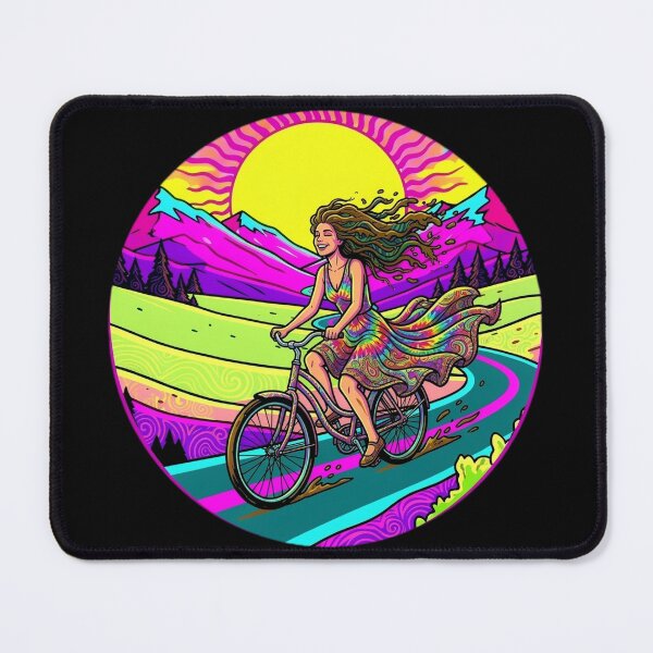 Item preview, Psychedelic Hippie Girl Riding Bicycle - Retro 70s Trippy Landscape designed and sold by Stefanrajzer.