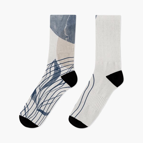 Item preview, Mid-century modern botanical, lines and shapes in blue and beige designed and sold by ArticraftShop.