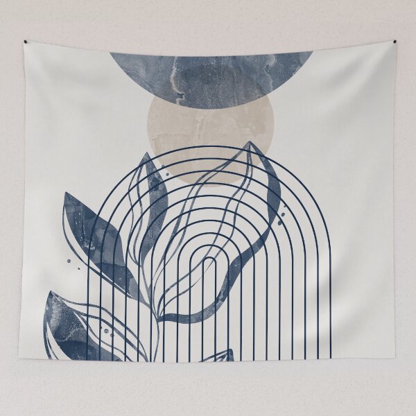 Item preview, Mid-century modern botanical, lines and shapes in blue and beige designed and sold by ArticraftShop.