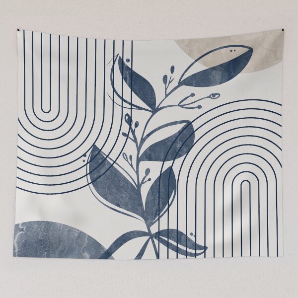 Item preview, Mid-century modern botanical, lines and shapes in blue and beige B designed and sold by ArticraftShop.