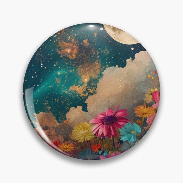 Item preview,  Abstract collage of a big explosion of colorful flowers over the night sky covered with stars, moon, and clouds. designed and sold by Soft Oddity.