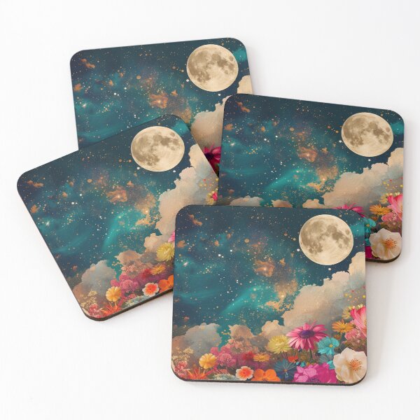Item preview,  Abstract collage of a big explosion of colorful flowers over the night sky covered with stars, moon, and clouds. designed and sold by Soft Oddity.