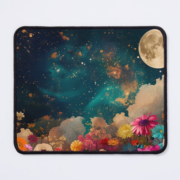 Item preview,  Abstract collage of a big explosion of colorful flowers over the night sky covered with stars, moon, and clouds. designed and sold by Soft Oddity.
