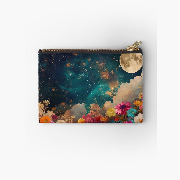 Item preview,  Abstract collage of a big explosion of colorful flowers over the night sky covered with stars, moon, and clouds. designed and sold by Soft Oddity.