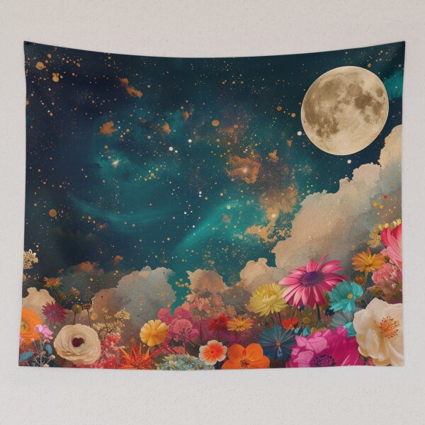 Item preview,  Abstract collage of a big explosion of colorful flowers over the night sky covered with stars, moon, and clouds. designed and sold by Soft Oddity.