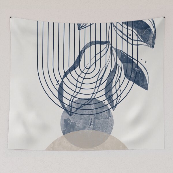 Item preview, Mid-century modern botanical, lines and shapes in blue and beige C designed and sold by ArticraftShop.