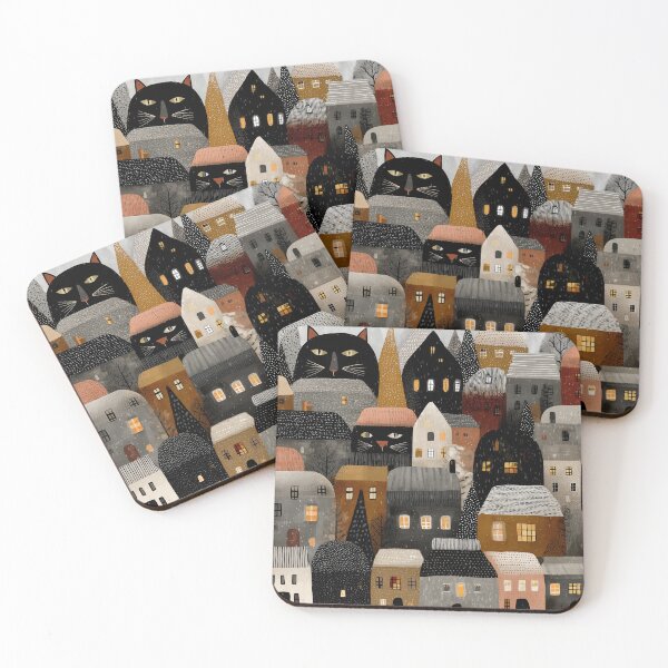 Item preview, Scandinavian Folk Art Woodland Animals Pattern | Nordic Cat Village | Rustic Boho Nature Collage | Mid Century Modern Wall Art designed and sold by Babylone Art Design.