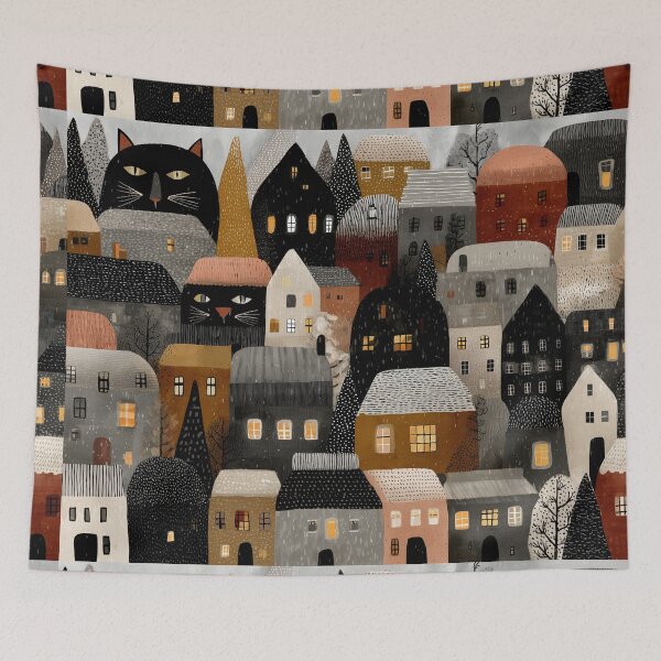 Item preview, Scandinavian Folk Art Woodland Animals Pattern | Nordic Cat Village | Rustic Boho Nature Collage | Mid Century Modern Wall Art designed and sold by Babylone Art Design.