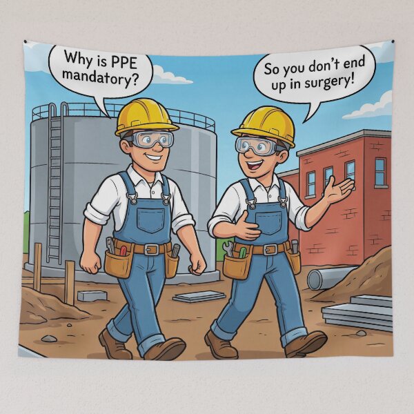 Item preview, Why Is PPE Mandatory? – Funny Workplace Safety Caricature 2 designed and sold by WordPlayStudio.