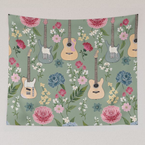 Item preview, Sage Green Guitar Pattern with Floral Design | Boho Guitar Art | Vintage Music Lover Aesthetic | Cottagecore Floral Pattern designed and sold by PeacefulD-signs.