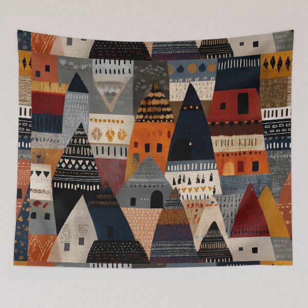 Item preview, Scandinavian Folk Art Woodland Village Pattern | Nordic Gnome Village | Rustic Boho Nature Collage | Mid Century Modern Wall Art designed and sold by Babylone Art Design.