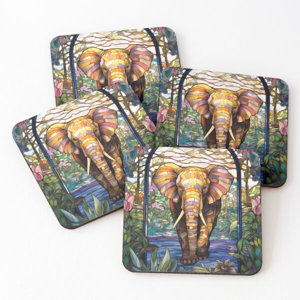 Item preview, Elephant in a Colorful Jungle Stained Glass Window Design designed and sold by pinkal.