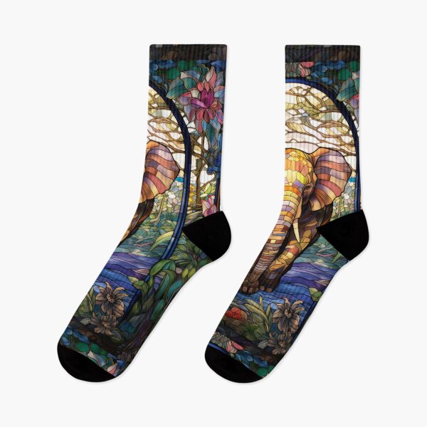 Item preview, Elephant in a Colorful Jungle Stained Glass Window Design designed and sold by pinkal.