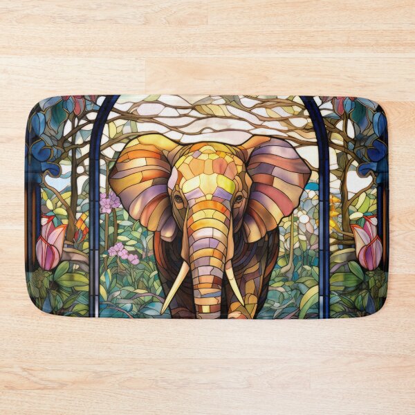 Item preview, Elephant in a Colorful Jungle Stained Glass Window Design designed and sold by pinkal.